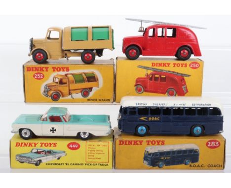 Four Boxed Dinky Toys 250 Streamlined Fire Engine, red body/wheel hubs, 252 Bedford Refuse Wagon, tan body, green shutters ,r