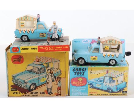 Corgi Toys 447 Walls Ice Cream Van on Ford Thames, blue/cream body, decals have been applied, salesman and boy figures, spun 