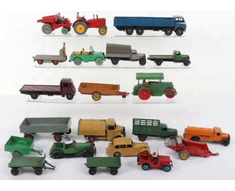 Quantity of Unboxed Play-worn Dinky Toys, including: 14a BEV truck, 25b covered wagon,25c flat truck, 25d Petrol tanker, in o