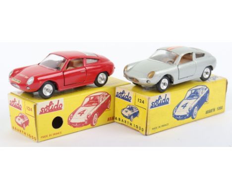 Two Solido (France) Boxed 124 Fiat Abarth 1000, red body, spun wheels hubs and silver body, stripe on roof, spun wheel hubs, 