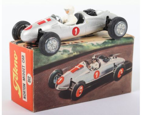 Tekno 812 Cooper Norton Midget Racing Car, Denmark, silver body, white driver, cast wheel hubs, black rear engine, Danish fla