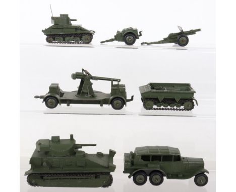 Dinky Toys Military Vehicles, including:151a Medium Tank with tracks (missing aerial), 152a Light tank with tracks,152b Recon