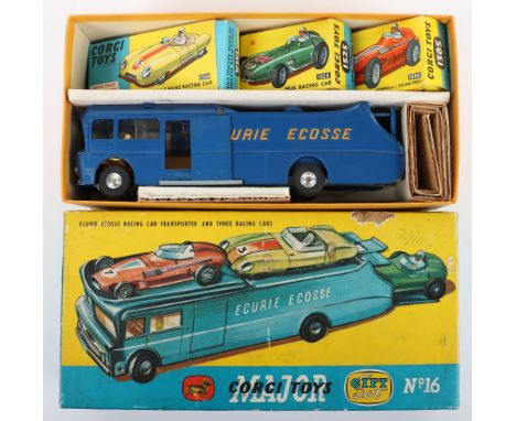 Corgi Toys Gift Set No 16 Ecurie Ecosse Racing Car Transporter 1st issue contains: metallic dark blue transporter, orange let