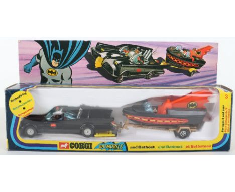 Corgi Toys Gift Set 3 Batmobile and Batboat, black gloss body, black wheels with chrome disc hubs, blue tinted windscreens, g