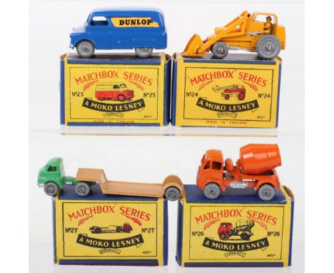 Four Matchbox Moko Lesney Regular Wheels Models, 24a Hydraulic Excavator orange, MW Weatherhill Hydraulic transfer, very good