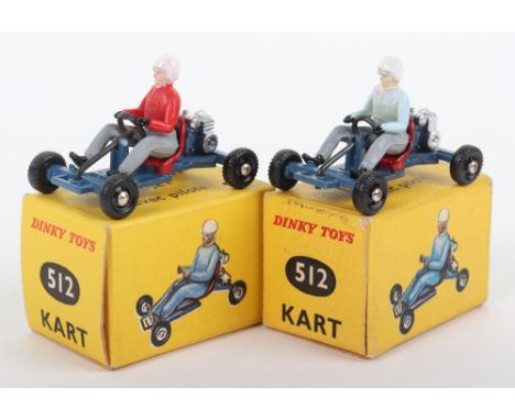 Two Boxed French Dinky Toys 512 Leskokart Midget Karts, blue bodies, black plastic wheels, 1. plastic driver with red jacket 