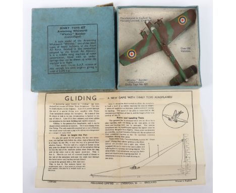 Dinky Toys 62t Armstrong Whitworth “Whitley” Bomber, camouflaged body, Royal Airforce roundels, black base, 2 x 3 blade prope