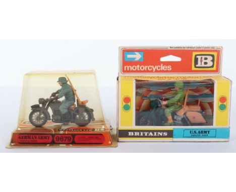 Two Britain’s Military Motorcycles, 9679 German Army Dispatch rider, with helmet decal in bubble pack and 9682 US Army Dispat