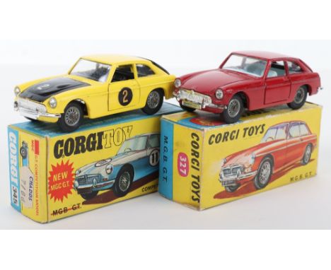 Two Boxed  Corgi Toys M.G.B. Models, M.G.B G.T. red body, light blue interior, spoked wheel hubs, complete with suitcase, in 