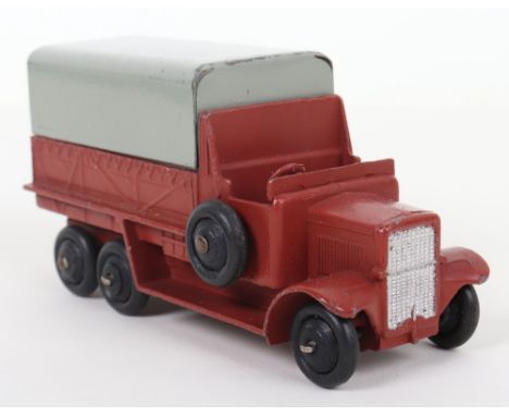 Dinky Toys Post-war 25s Six Wheel Wagon, reddish brown body, grey tin tilt, black ridged wheel hubs in very good original con