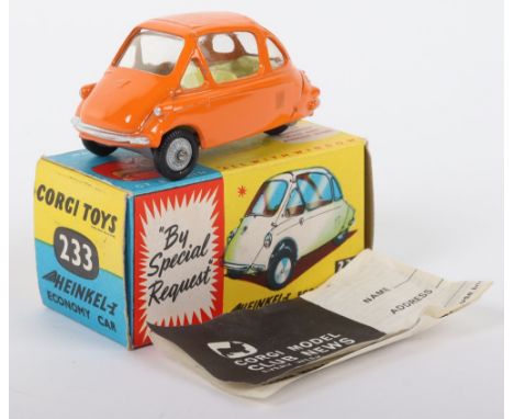 Corgi Toys 233 Heinkel Economy Car orange body, silver trim, yellow interior, cast spun wheels, in mint original condition, w