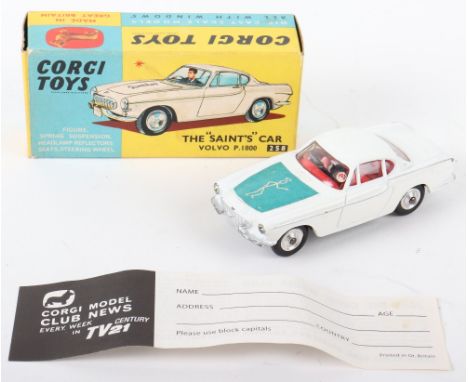 Corgi Toys 258 The “Saints” Volvo P.1800,white body, red interior, shaped spun wheel hubs, blue bonnet label, in very good to