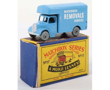 Matchbox Moko Lesney 17a Bedford Removals van, light blue with silver trim, MW Matchbox Removals Service decals, excellent to