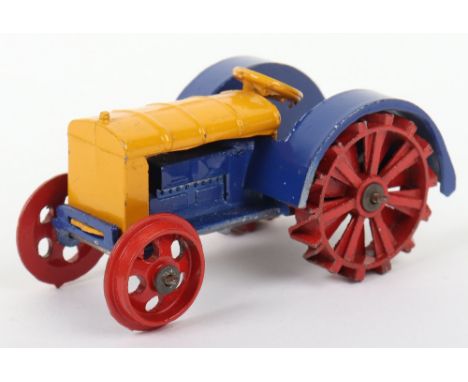 Dinky Toys Pre-War 22e Farm Tractor, yellow/violet blue, red wheel hubs, hook, Meccano Dinky Toys cast in base, in near mint 