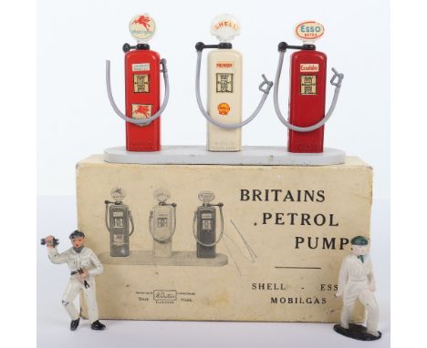Britains Petrol Pumps Set 103V, Shell-Esso-Mobilgas pumps, complete with hoses in good original condition, lidded box with in