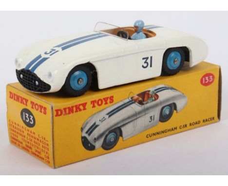 Dinky Toys 133 Cunningham C-5R Le Mans Road Racer, white body, tan interior, dark blue stripes, no ‘31’ mid blue wheel hubs, 