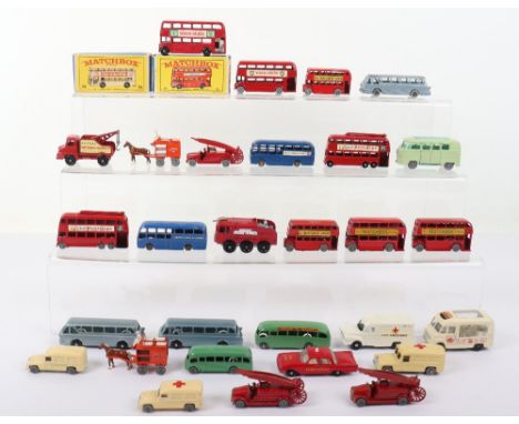 Quantity of Matchbox Moko Regular Wheels models, including: Boxed 5d London Bus BP  Visco-static in E type box, 74b empty box