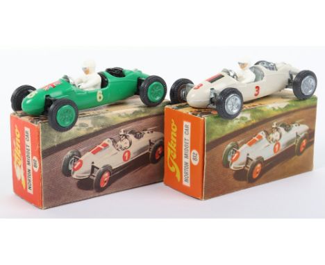 Two Tekno 812 Cooper Norton Midget Racing Cars, British team, green body, white driver, green cast wheel hubs, black rear eng