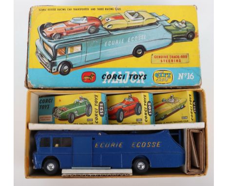 Corgi Toys Gift Set No 16 Ecurie Ecosse Racing Car Transporter ,1st issue contains: metallic dark blue transporter, orange le