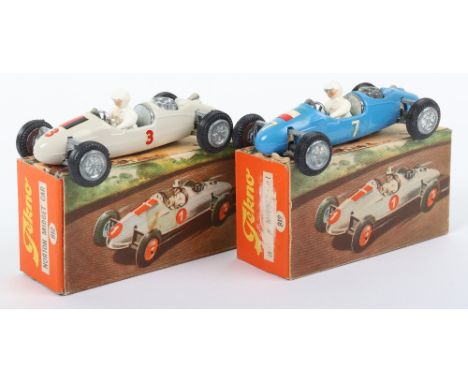 Two Tekno 812 Cooper Norton Midget Racing Cars, French team, blue body, white driver, cast wheel hubs/rear engine, French fla