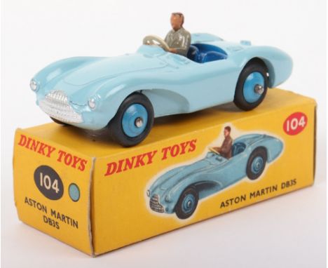 Dinky Toys 104 Aston Martin DB3S (Touring Finish) light blue body, dark blue interior, mid blue wheel hubs, grey driver, in n