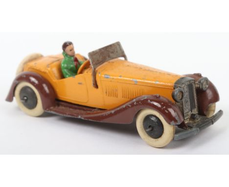 Scarce Dinky Toys Pre-War 36e British Salmson Two-Seater Sports Car with driver, orange body, brown wings/chassis, green driv