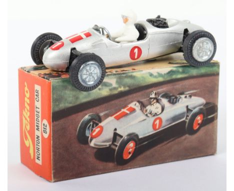 Tekno 812 Cooper Norton Midget Racing Car, Denmark, silver body, white driver, cast wheel hubs, black rear engine, Danish fla