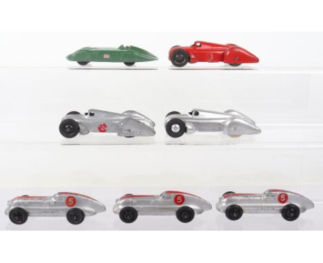 Seven Unboxed Dinky Toys Racing Cars, including: 23d Auto-Union Racing Cars, 1 x pre-war example with driver, repainted silve