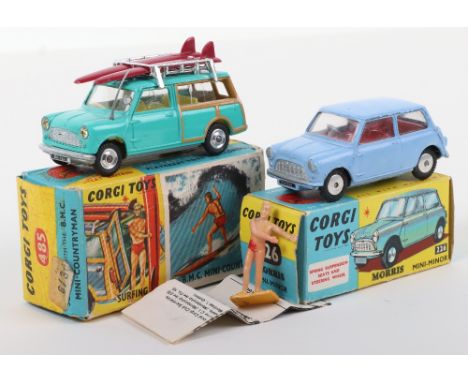 Corgi Toys 485 Surfing with The B.M.C. Mini Countryman, turquoise body, yellow interior, silver grille, spun shaped wheel hub