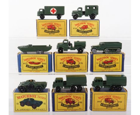 Eight Boxed Matchbox Moko Lesney Military Models, 49a M3 Personnel Carrier, with rubber tracks, in a  good B2 box, tear to on