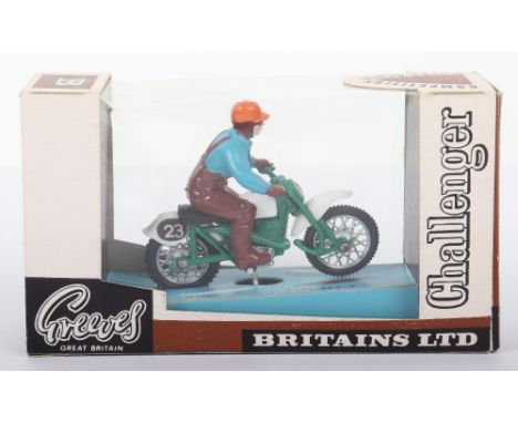 Britain’s 9691 Greeves Challenger 250cc Motorcycle, green/white scrambling bike, with blue/brown rider, no ‘23’ in mint boxed