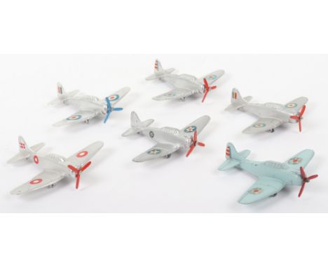 Six Unboxed Tekno (Denmark) 403 DSB-1 Aircraft, 2 x silver, USAF roundels, 1 x 3 red blade propellors, light blue, with USAF 