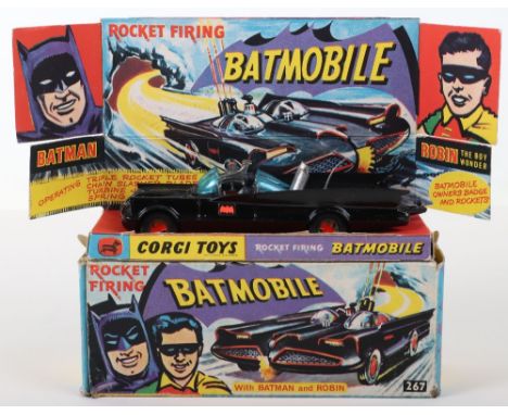 Corgi Toys 1st issue 267 Rocket Firing Batmobile, gloss black body, red bat hubs, blue tinted windscreens, with original "Bat