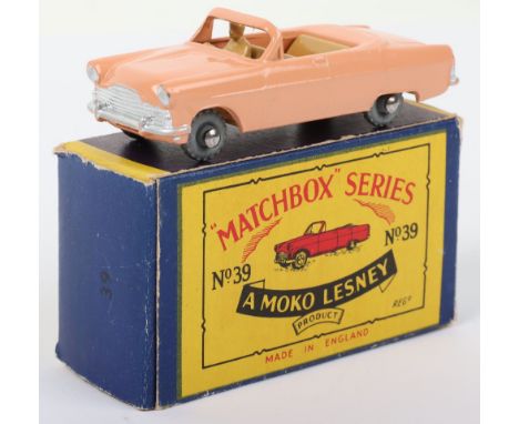 Rare Matchbox Moko Lesney 39a Ford Zodiac Convertible, pale peach, silver trim and light brown base, interior and driver, MW,