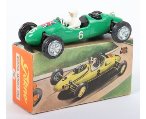 Tekno 812 Cooper Norton Midget Racing Car, Britain, green body, white driver, cast wheel hubs, black rear engine, UK flag no 