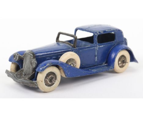 Scarce Dinky Toys Pre-War 24c Town Sedan, type 2 criss-cross chassis, dark blue body, plated wheel hubs, with spare wheel, in