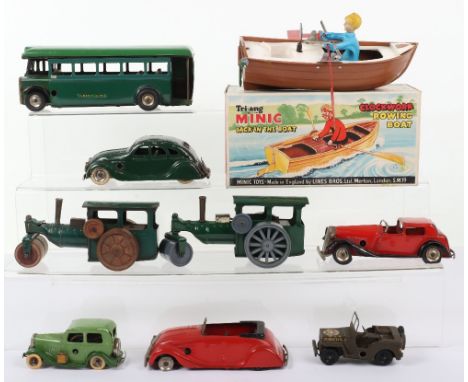 Quantity of Triang Minic Tinplate models, including: Boxed Jack In The Boat, unboxed 52M Greenline single deck bus ‘Dorking’ 