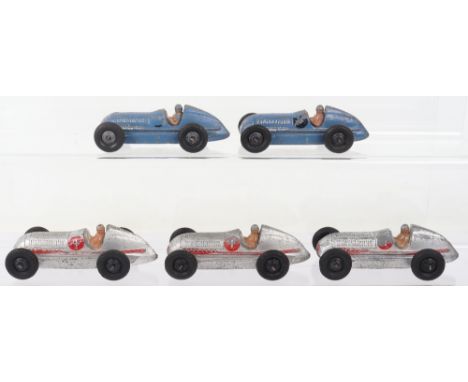 Five Unboxed Post War 23c Dinky Toys Mercedes Benz Racing Cars, 3 x silver bodies and 2 x blue bodies, all in fair to good or