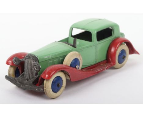 Scarce Dinky Toys Pre-War 24c Town Sedan, type 2 criss-cross chassis, pale green body, dark red chassis, blue smooth wheel hu