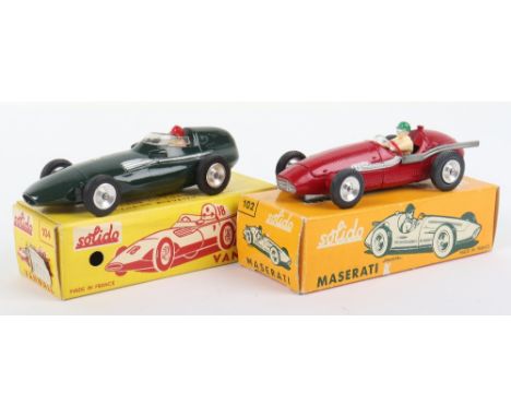 Two Solido (France) Boxed Racing Cars, 102 Maserati 250, red body, spun wheel hubs, driver, no’2’ and 104 Vanwall F1, British