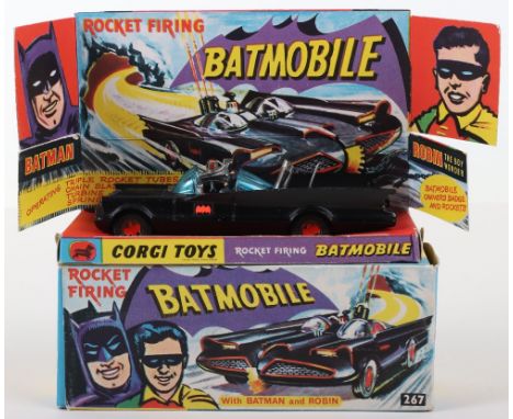 Scarce Corgi Toys 267 Rocket Firing Matt Black Batmobile, red bat hubs, blue tinted windscreens, with original ""Batman &amp;