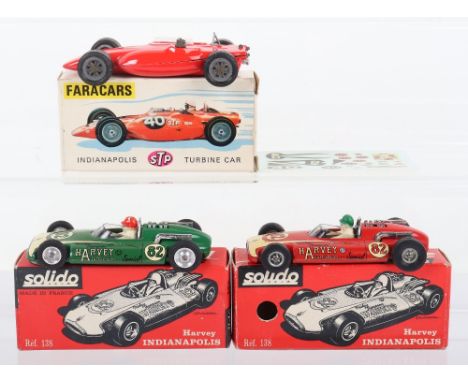 Two Solido (France) Boxed 138 Harvey Indianapolis Cars, red body, cast wheels hubs, driver and green body, driver, spun wheel