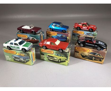 Six boxed Matchbox diecast model vehicles: Superfast 3 Porsche Turbo, 6 Mercedes Tourer, Superfast 21 Renault 5TL, Superfast 