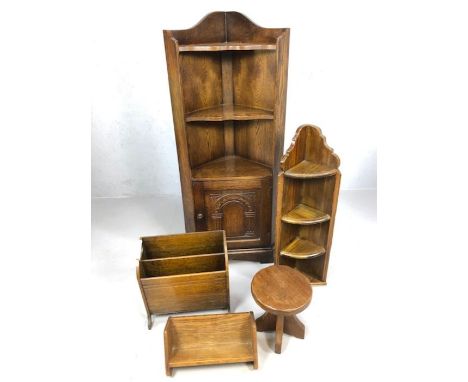 Five small piece of wooden vintage furniture to include corner cupboard/bookshelf, magazine rack, book holder, corner shelf a