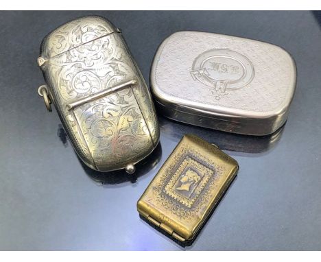 Unusual sovereign and vesta case combined with a brass stamp holder and silver coloured vesta/ snuff box (3)