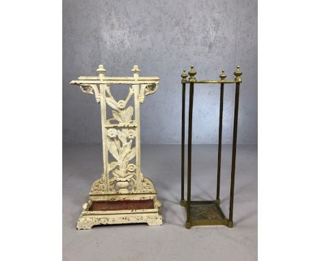 Two vintage metal umbrella / stick stands, one brass, one cast iron