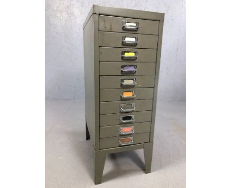 Flight of ten vintage metal drawers with chrome handles, approx 74cm tall
