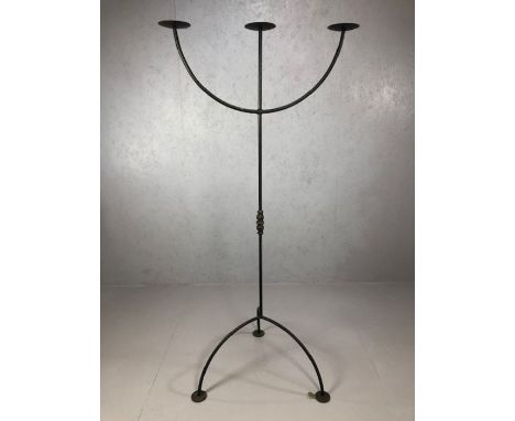 Large floor-standing wrought iron three arm candelabra, individually made in blacksmith's forge, approx 177cm in height
