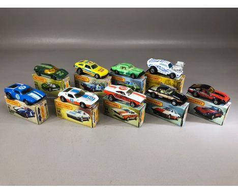 Nine boxed Matchbox diecast model vehicles: 8 Detomaso Pantera, 14 Rallye Royal, 24 Datsun 280-ZX, 25 Toyota Celica GT, 26 Co