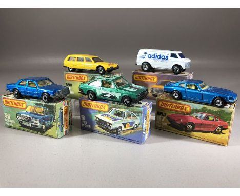 Five boxed Matchbox diecast model vehicles: Superfast 9 Ford RS 2000, 12 Citroen CX, Superfast 56 Mercedes 450 SL, Superfast 